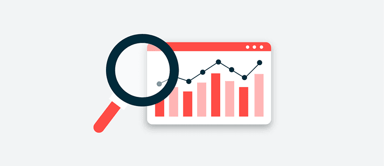 Magnifying glass examining a business analytics chart showing bar graph and line graph data in red and black