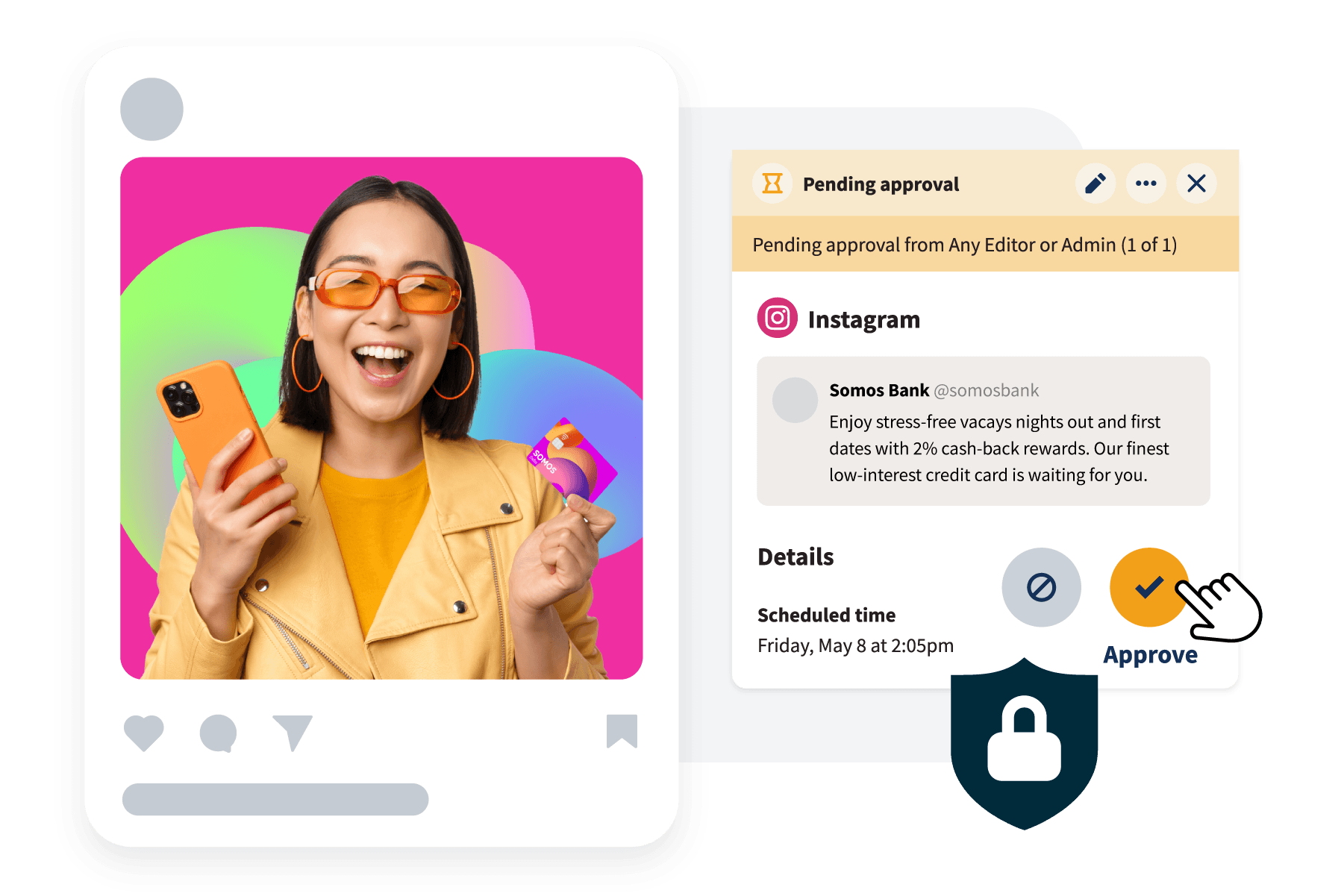 Social media post showing woman smiling and Hoot suite approval workflow with lock icon