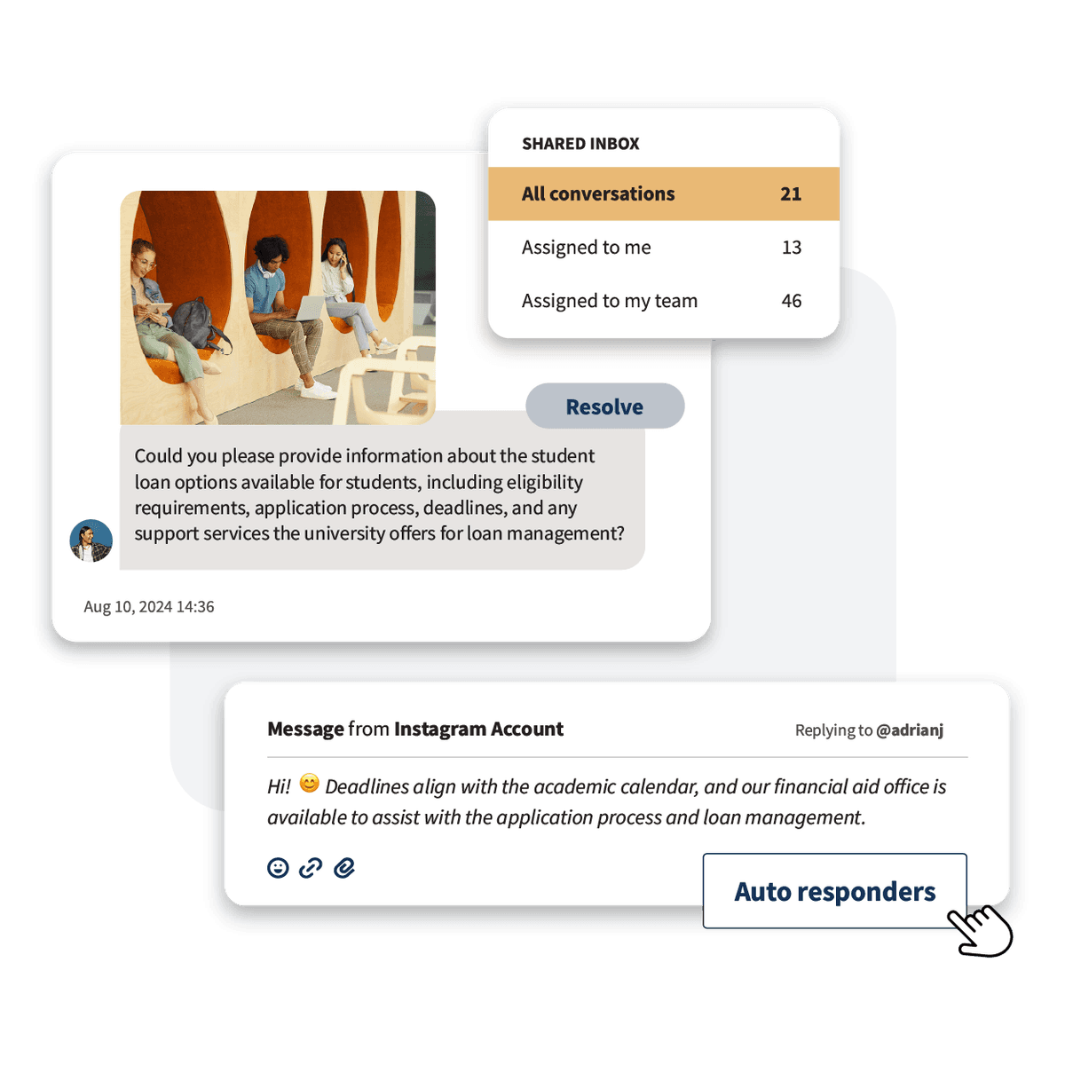Social media inbox interface showing shared conversations, message about student loans, and auto-responder options
